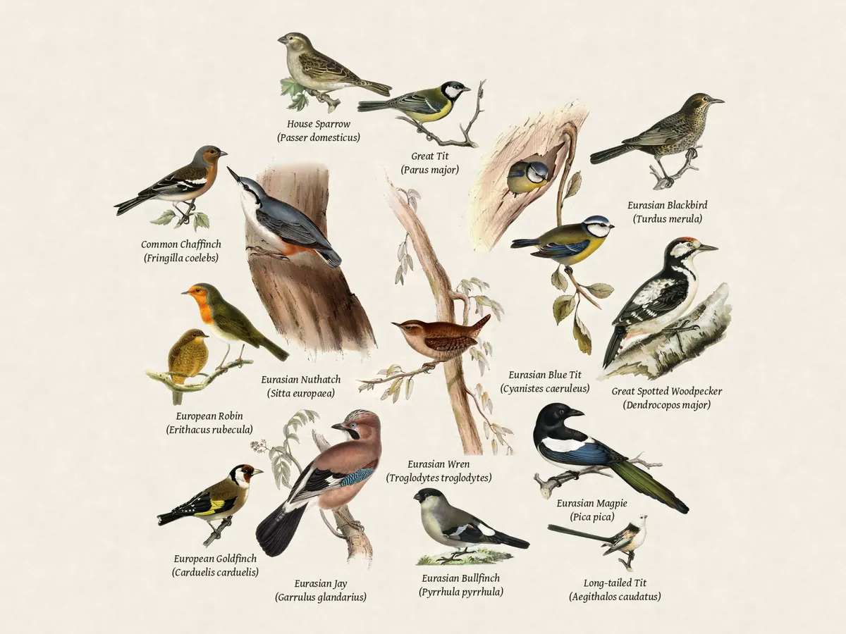 An example collage: fourteen garden birds, each an 1800s plate with its name.